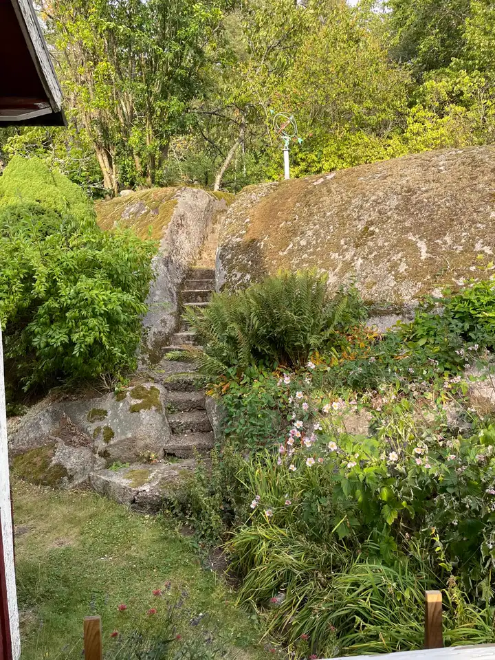 Steintreppe zwischen moosbewachsenen Felsen im Garten